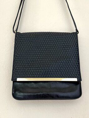 Black Faux Leather Woven Structured Minimalist CBK Aesthetic 9x9 Crossbody Purse